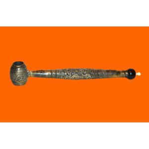 Opium Pipe, China, Rare And Important Old Piece In Silvered Brass From The 19th Century
