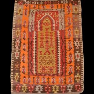 Obruk, Prayer Kilim, 96 X 136 Cm, Wool Woven In Anatolia, First Part Of The 20th Century
