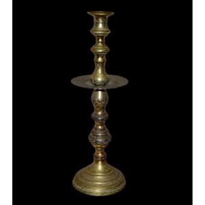 Large Ottoman Candlestick, Ht 48cm, Turkey, Chiseled Gilded Bronze Around 1900, Very Good Condition
