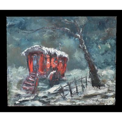 Vandenbulcke Roger (1921-) , The Red Roulotte In The Snow - Circa 1972