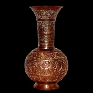 Kadjar Vase Carved With Lion And Deer Hunting Scenes, Copper, Iran, 19th Century