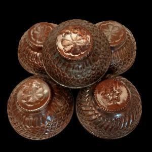 Five Tinned Copper Soup Bowls, Flowers, Stars, Caucasus, Armenia Or Georgia, 1900-1920