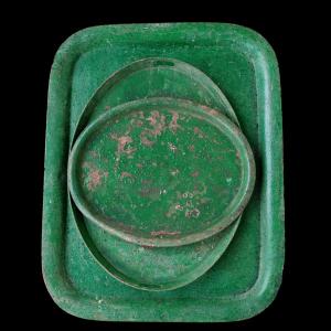Three Large Sheet Metal Park Serving Trays, Circa 1850