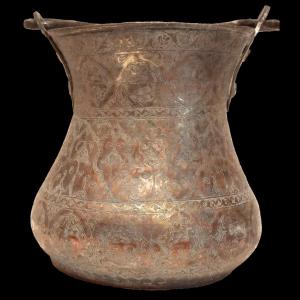 Tinned Copper Vase With Handle, 19th Century Iran, Engraved Friezes, Mandorlas And Animals, Kadjar