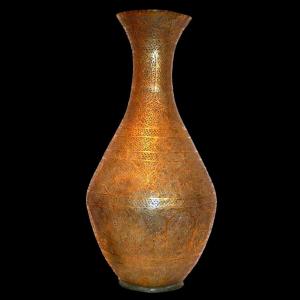 Chiseled Brass Vase, Height 46 Cm, Ottoman Art, 18th Century, Burin Engraving