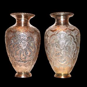 Ghalam-zani Wedding Vases, Isfahan, Iran, Silvered Copper, Qajar Dynasty Circa 1900-1920