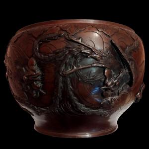 Bronze Basin Decorated In High Relief, Japan, Meiji Era, 1880-1900, Very Good Condition, Collector's Item