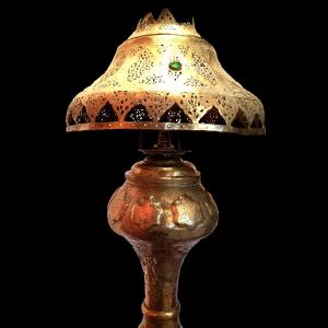 Large Floor Torch, From A Mosque, 195 Cm High, 19th Century, Chased Brass, Openwork, Very Good Condition