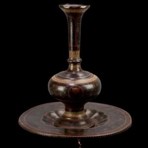 Vase And Its Hand-painted Enameled Copper Tray, Indo-persian, 1900/1920, Very Good Condition