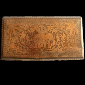 Large Brass Cigarette Box, Oriental Elephant Design, Early 20th Century