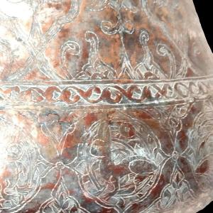 Kadjar Handled Cauldron, Tinned Copper, Iran, 19th Century, Engraved Friezes, Mandorles And Animals