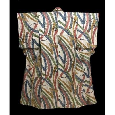 Kimono Tsumugi In Hand Painted Silk, Silk Lined, Japan, 1960, Very Good Condition