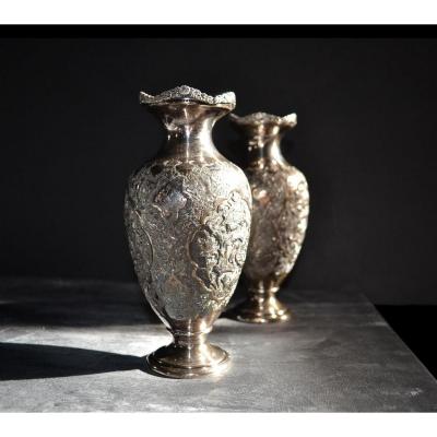 Pair Of  Mariage Vases, Solid Silver, Persia , XIX Century, Perfect