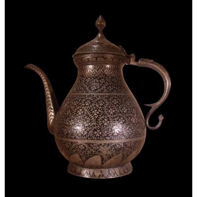 Niello Metal Teapot, India, Cashmere, End Of The 19th Century, Very Good Condition