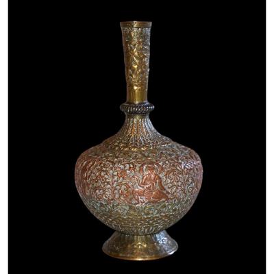 Two Copper Vase, India, Engraved Decoration With Gods And Goddesses, XIXth Century