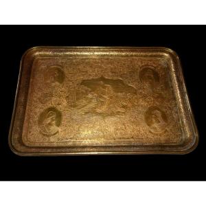 Kadjar Art, Masterpiece Of An Armenian, Persia, Carved Tray Of Kings, 19th Century