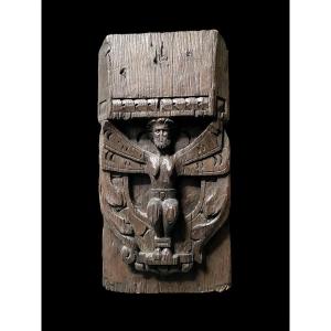 A Large Medieval Oak Corbel With Bearded Harpy, First Half Of The 16th Century