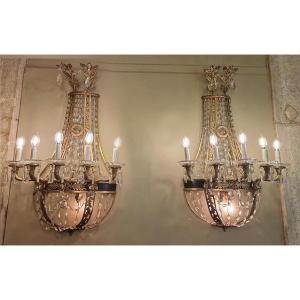 Important Pair Of Empire Style Wall Appliques In Baccarat Crystal And Gilt Bronze.