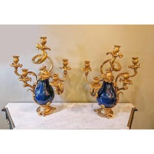 Pair Of Rocaille Candelabra Louis XV Style Gilt Bronze And Cobalt Blue Porcelain, France XIX