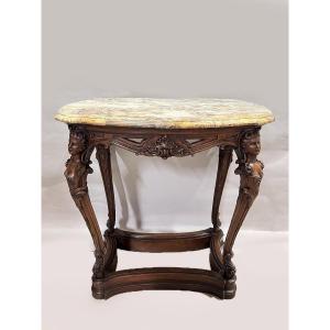Napoleon III Violin Table In Carved Walnut, Curved Legs, Beige Marble Imperial Rome