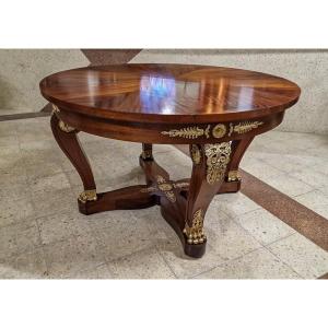 Round Table In Empire Style, Mahogany With Claw Feet, Crosspiece And Gilt Bronze, Late 19th