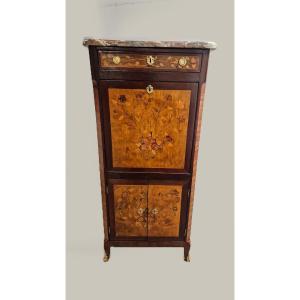  Louis XVI Marquetry Secretary, Flap, Interior Drawers, Restored Marble