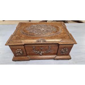 Large Renaissance Oak Chest With Silver-plated Hunting Scene, England, 19th Century