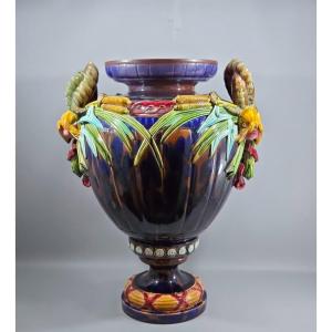 Large Majolica Shower-base Vase In Sarreguemines Faience – Late 19th Century