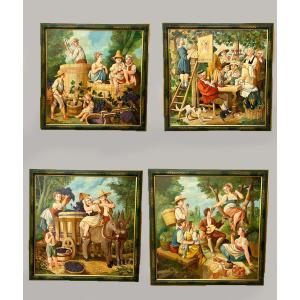 William Skilling (1862–1964) – Lively Harvest "the Merry Widow" – Set Of 4 Oils On Canvas