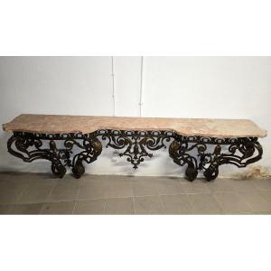 Large Gilt And Patinated Hammered Wrought Iron Console Table – Louis XV Style  Mid 19th Century