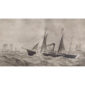 Théodore Gudin - Boats At Sea - Wash - Marine - Circa 1850