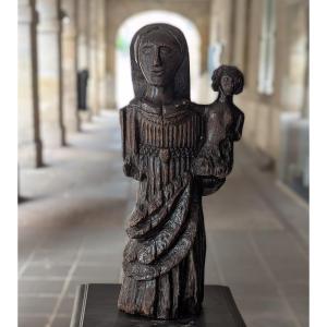 Virgin And Child Monoxyle - Gothic Period - Solid Oak - 48cm 