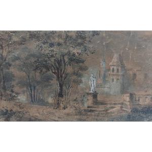 Watercolor – The Castle Park - French School Of The Early 19th Century  