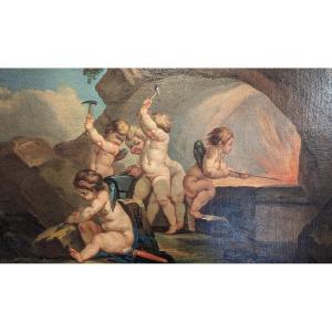 The Cupids In The Forge Of Vulcan - Oil On Canvas - Workshop Of Francesco De Mura
