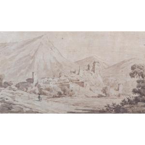 Ink And Wash Drawing – Village Of La Garde In The Var Region – 18th Century