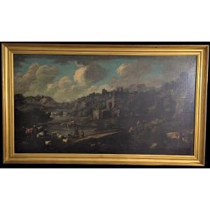 Landscape Of Ruins With Shepherds And Flock – Cajetan Roos (1690-1770) – 73x132cm