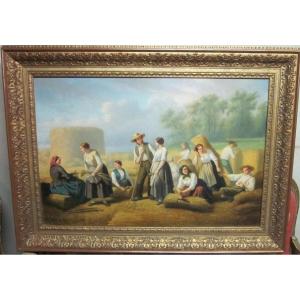 Oil On Canvas 19th - Harvest Scene