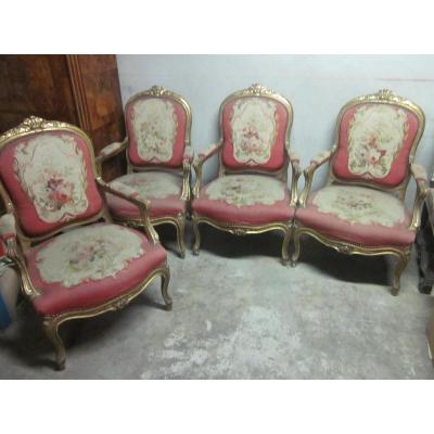 Suite Of Four Louis XV Style Armchairs, 19th Century