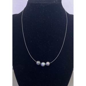 Necklace With 3 Tahitian Pearls, 9 Mm, 925 Sterling Silver