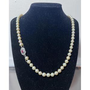 Necklace Art Deco Chocker Sautoir 97 Cultured Pearls Clasp 18k Gold Diamonds Ruby 77 Cm