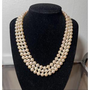 Necklaces 3 Rows 164 Cultured Pearls Akoya Important Clasp 18k Gold 42 Cm