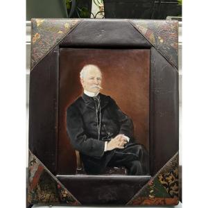 Plaque Porcelaine De Sèvres Art Nouveau Leather Frame Amélia Roulleau 19th Century Male Portrait