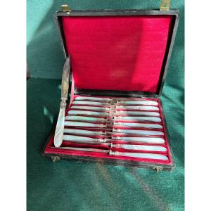 Rare Series Of 18 Dessert Knives Mother-of-pearl Handles Silver Blades Lg 19.5cm