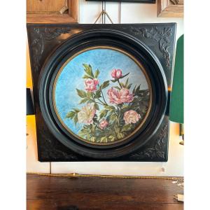 Large Hand-painted Porcelain Dish Signed L.barat From 1882, Napoleon III Frame