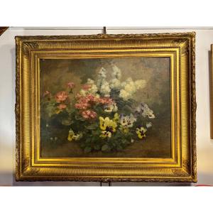 Achille Cesbron 1849 - 1913: Bouquet Of Flowers On Canvas. 85 X 70cm