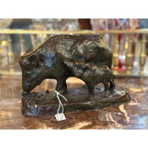 Wild Boar Bronze Animal Sow With Her Piglet Signed Emile Perrault Harry 1878-1938