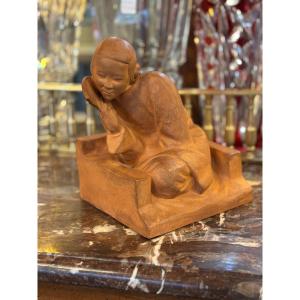 Gaston Hochecorne Art Deco Terracotta Representing "the Chinese Woman With A Fan"