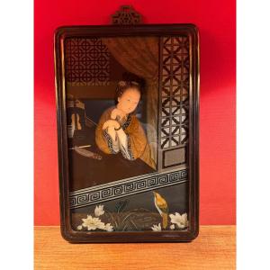 Japanese Reverse Glass Painting, Early 20th Century, 56.5cm X 37.5cm