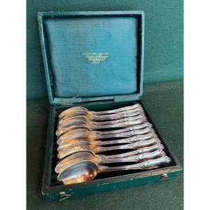 12 Small Spoons In Solid Minerva Silver With Monogrammed Shell Motif On The Back