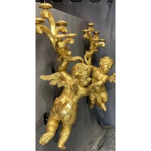 Pair Of Large Cherubs 130 Cm In Golden Wood XVIII Eme (cherubim, Putti, Angels)